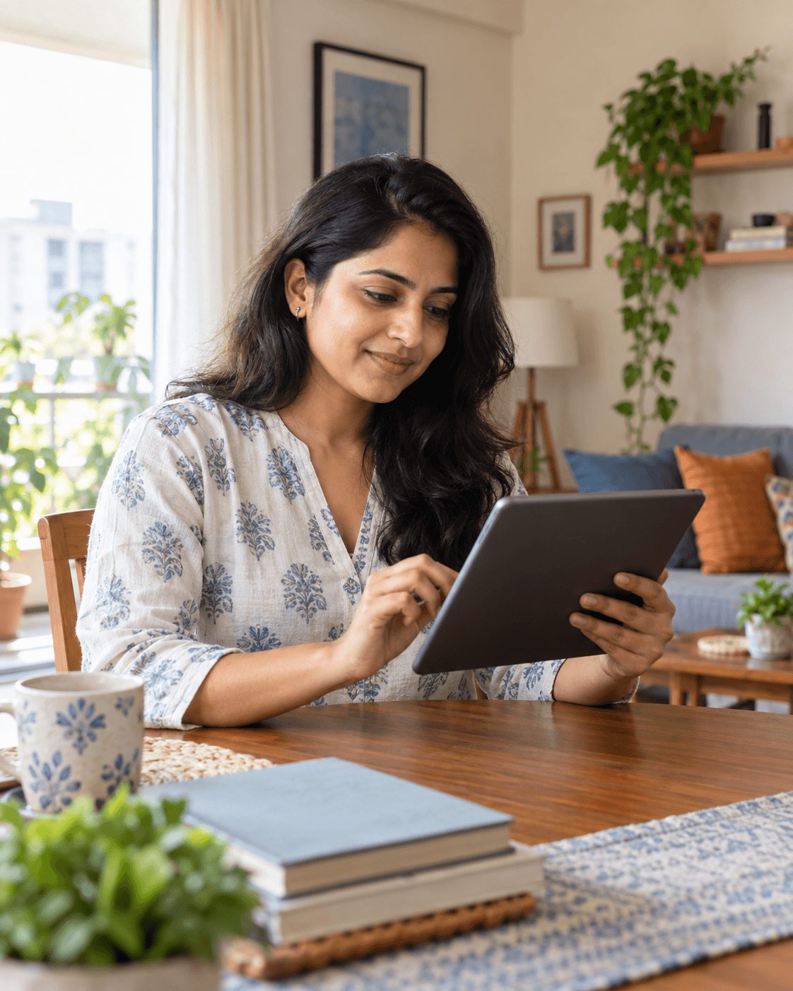 Woman reviewing her finances on a tablet at home