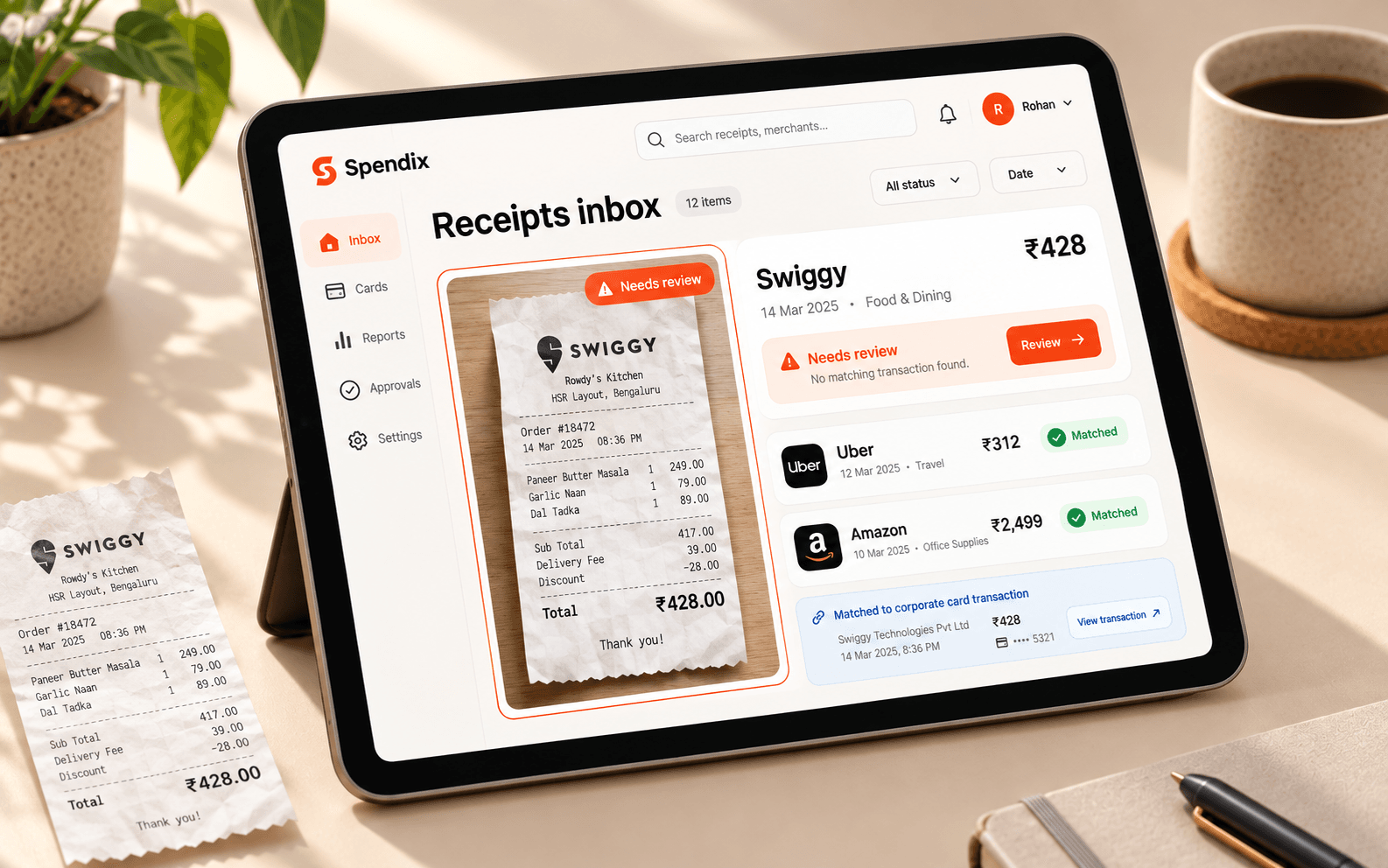 Receipts organized in a glass inbox